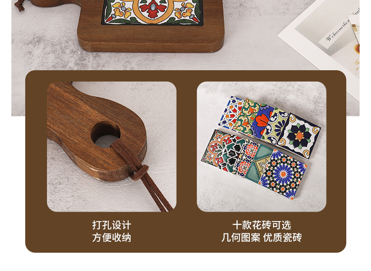Heat insulation pad, retro solid wood flower tile, handle pot pad, wooden heat-resistant plate and cup pad, household clay pot and soup pot heat insulation wooden pad pic 4