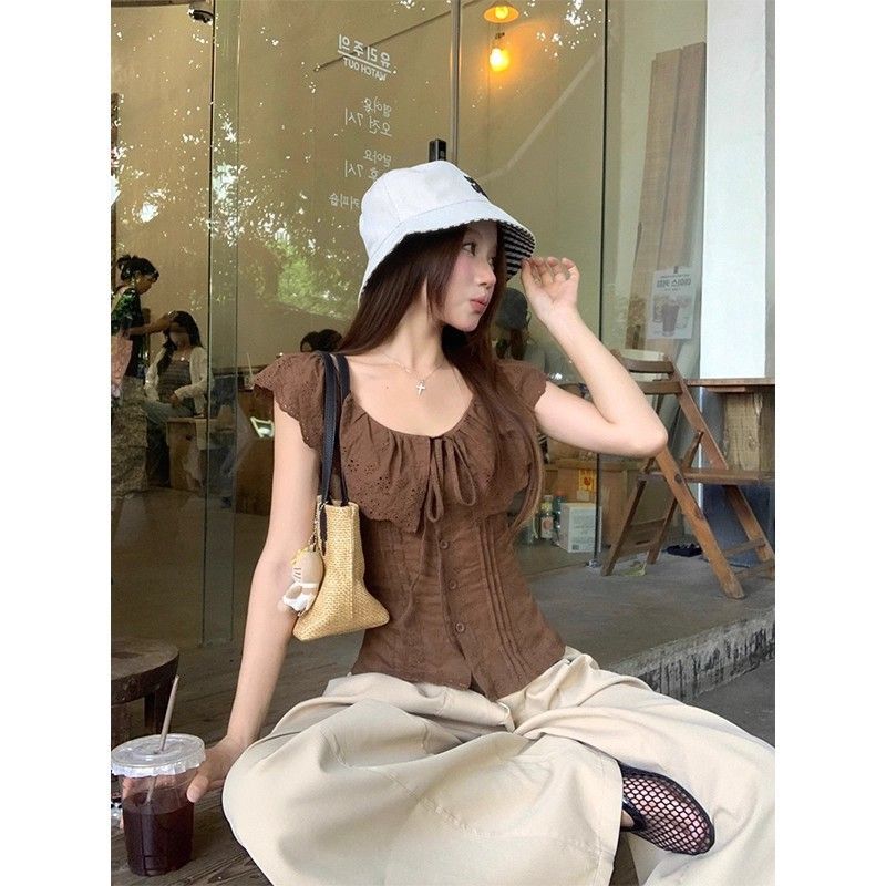 法式荷叶边绑带背心衬衫女夏季新款一字肩修身收腰上衣高级感小衫详情4
