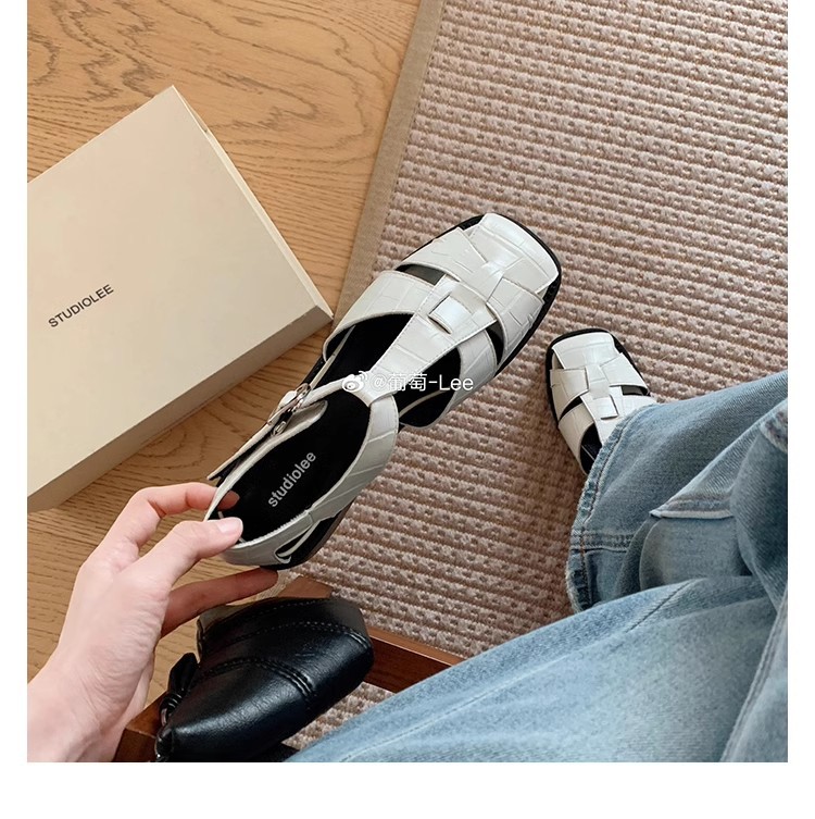 葡萄妈同款~罗马风编织设计方头镂空包头软面小粗跟凉鞋女夏详情9