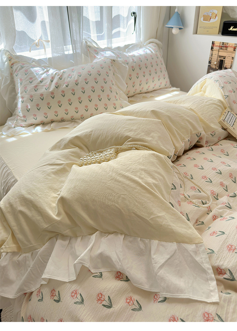 French romantic princess-style lace washed cotton four-piece set, small floral skin-friendly quilt cover, dormitory three-piece set, bed skirt style pic 6