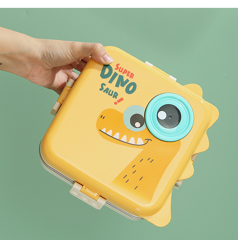 Creative children and students cartoon portable lunch box, cute dinosaur square stainless steel double-layer compartments sealed lunch box pic 4