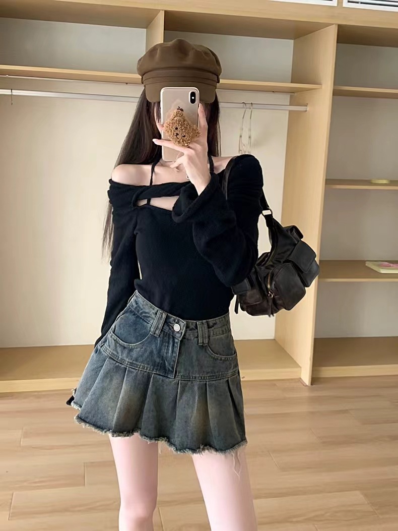 辣妹复古百褶牛仔半身裙女2024新款夏季高腰a字防走光包臀短裙子详情13