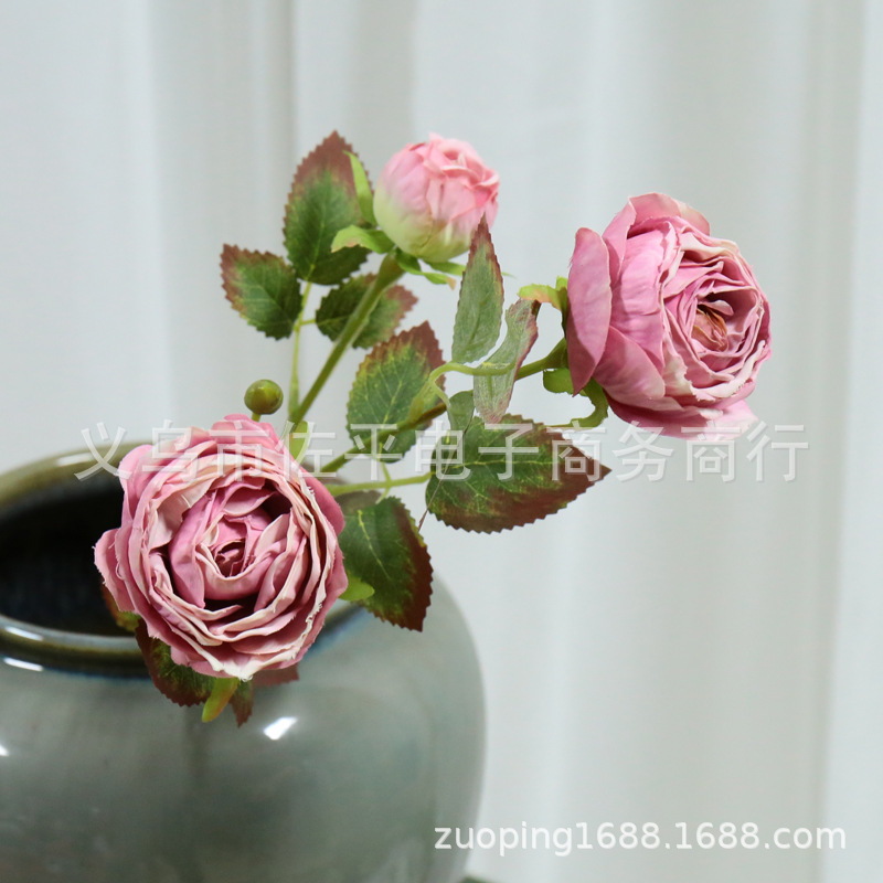 3头烤边玫瑰仿真花家居客厅装饰绢花玫瑰花拍摄道具花橱窗花批发详情7
