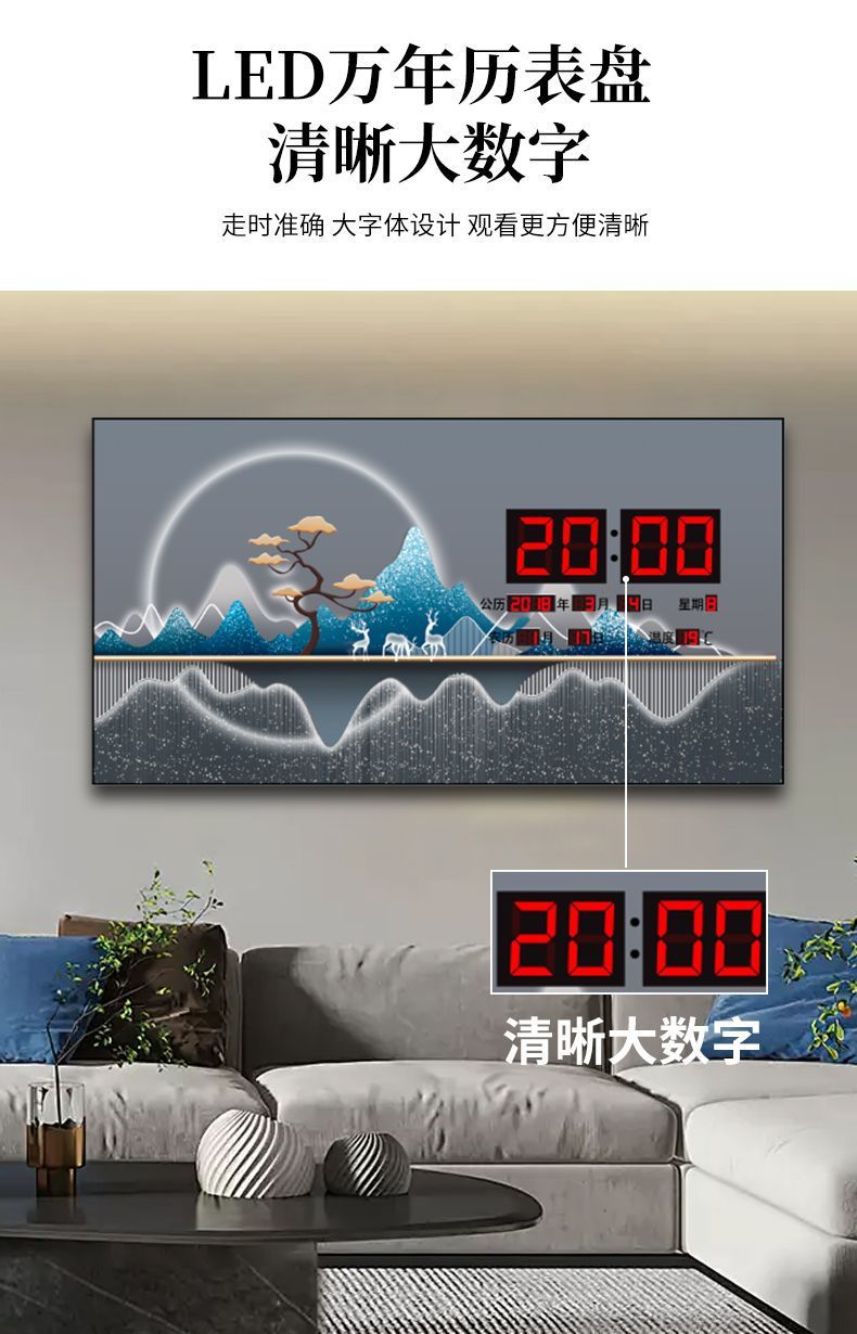 定制电子万年历挂钟客厅国潮山水i装饰画带温度日期客厅轻奢电子钟挂墙厂家详情8