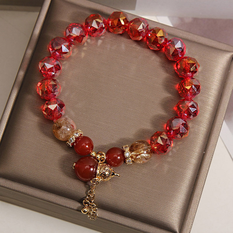 New Chinese-style red crystal bracelet for women, light luxury, niche and high-end feel, yellow tower crystal red agate gourd wealth attraction bracelet accessory pic 6