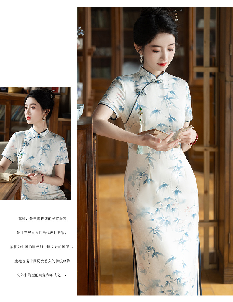 Fresh and elegant bamboo leaf long double-layer style slimming cheongsam short-sleeved new Chinese-style stand-up collar 2025 Summer new style pic 15