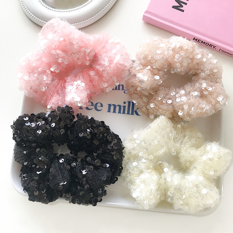 新款可爱闪闪亮片蕾丝高马尾发圈百搭亮片丝绒超大肠圈发绳发饰详情2