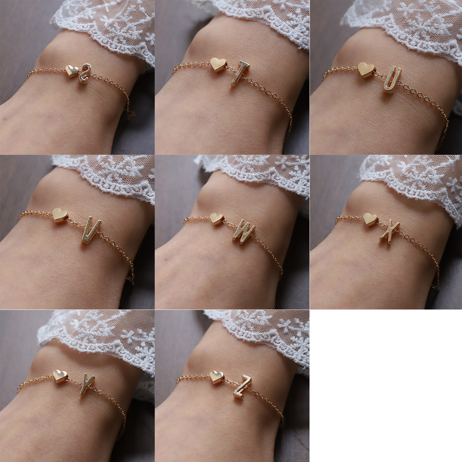 欧美跨境26个英文字母手链女个性气质合金心形字母手环手镯批发详情3
