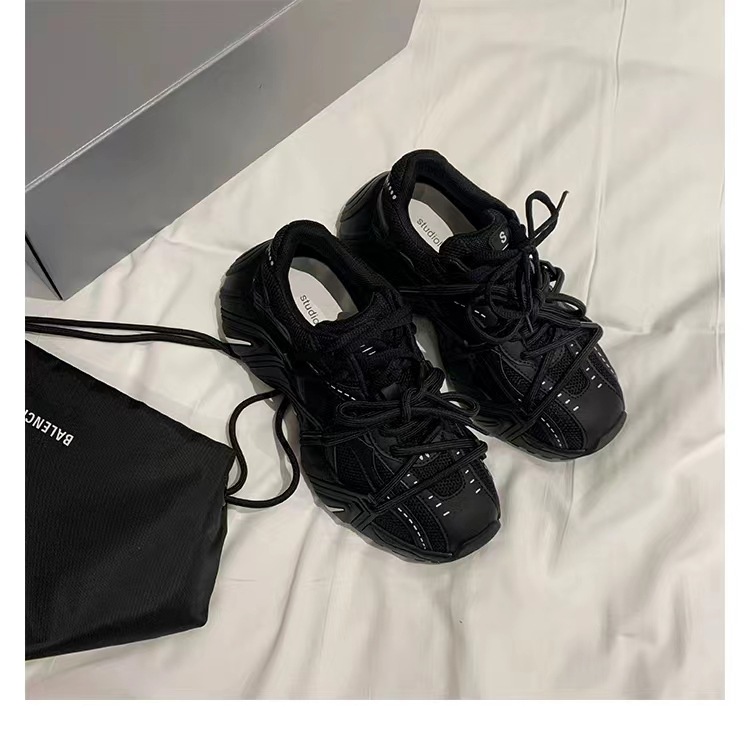 葡萄妈同款 画报女孩 时髦双鞋带网面拼接厚底增高老爹鞋女真皮详情37