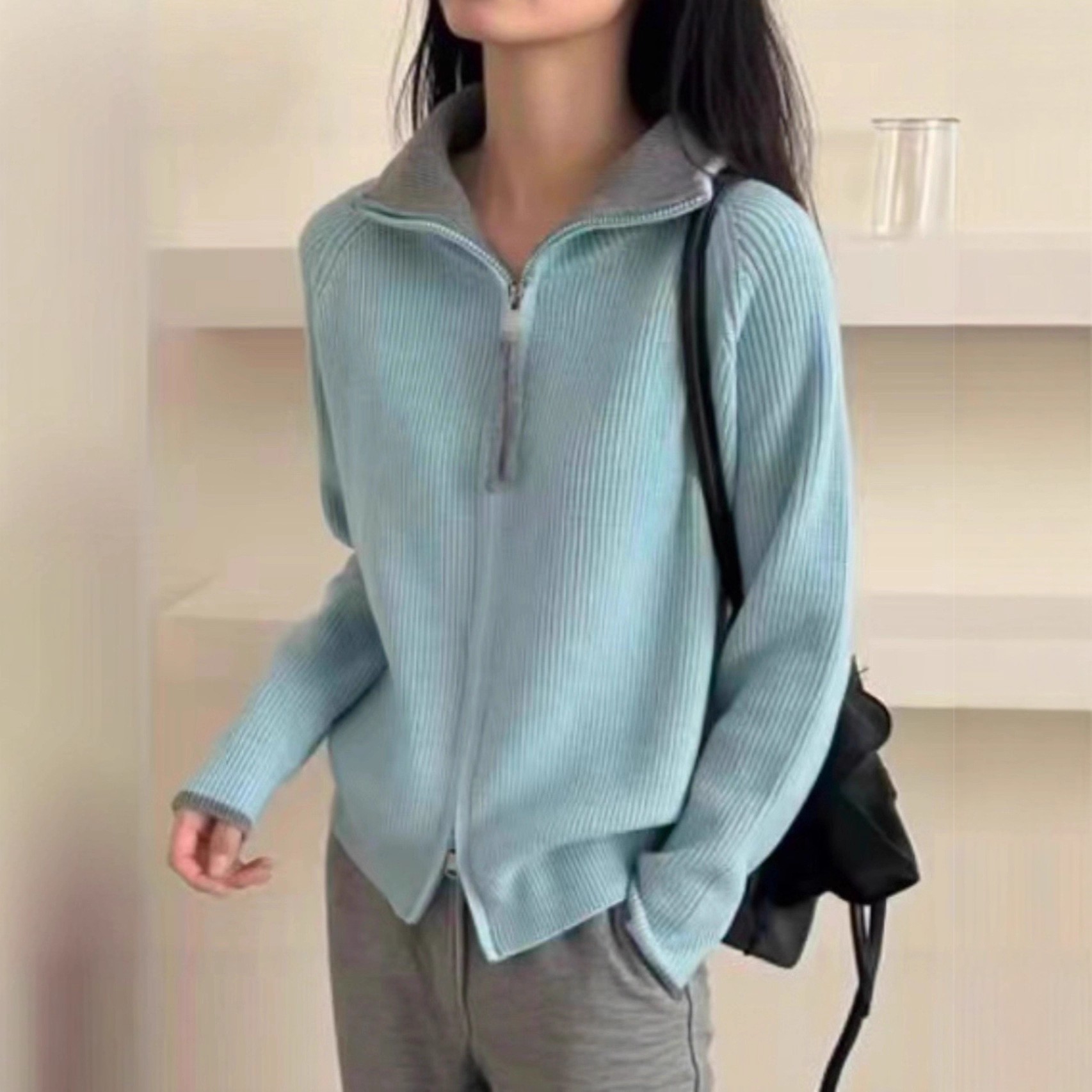 半拉链针织开衫外套女2025秋冬新款立领毛衣女高级感韩系女式上衣详情1