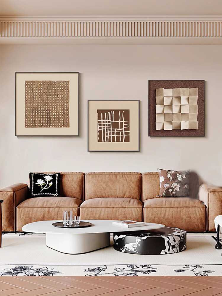 原木侘寂风客厅装饰画高级感现代沙发背景墙三联挂画抽象几何壁画详情12