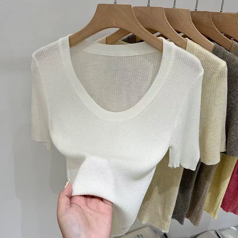 In 2025, a Korean-style U-neck off-the-shoulder knitted short-sleeved sweater for women, a thin solid color versatile spring short top for women pic 6