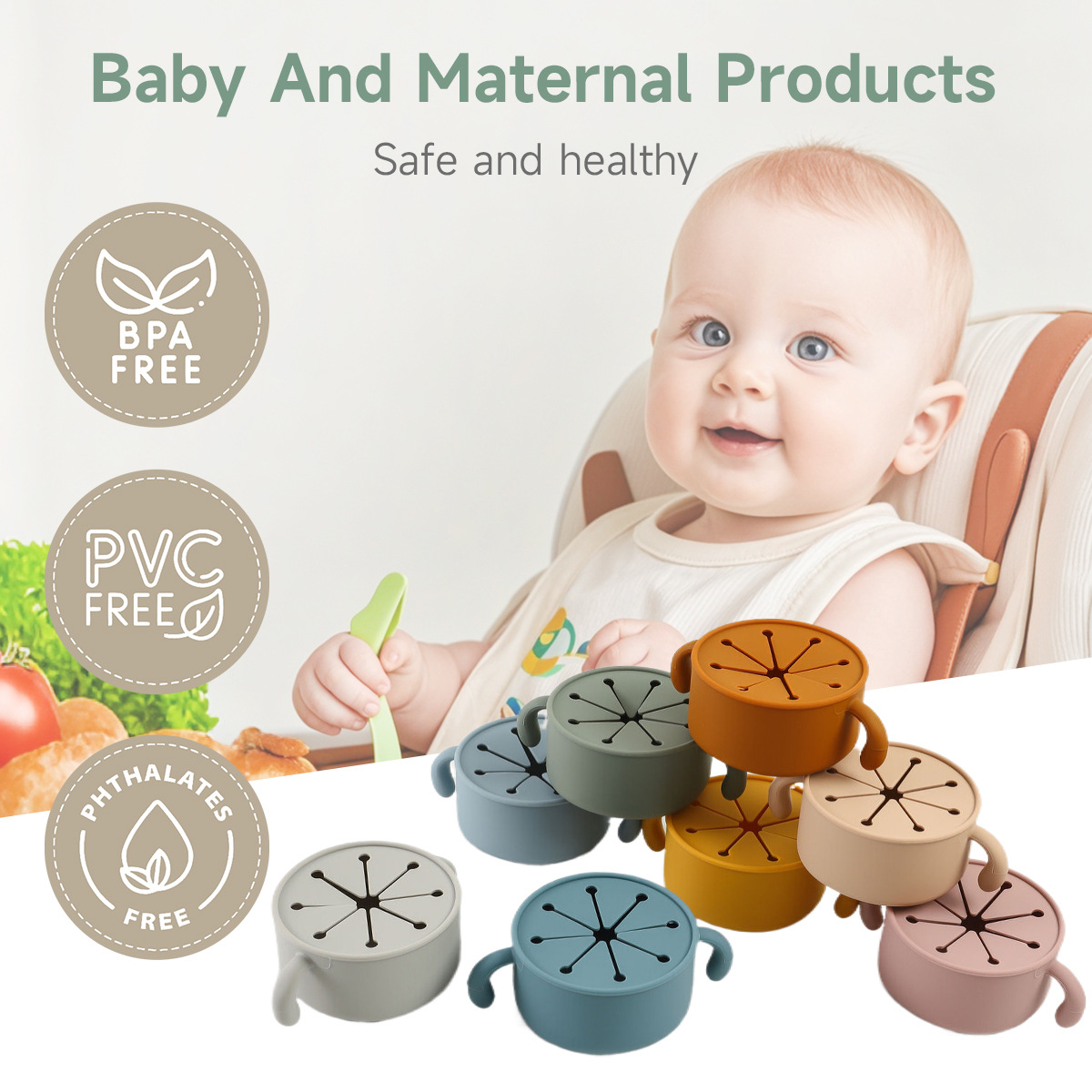 亚马逊儿童硅胶零食碗外出带盖喂养辅食碗防漏便携出行宝宝零食杯详情2