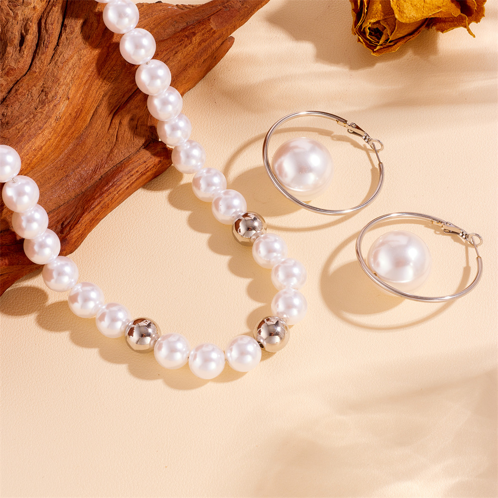 欧美新款时尚珍珠项链耳钉套装不锈钢百搭珍珠耳环choker项圈女详情4