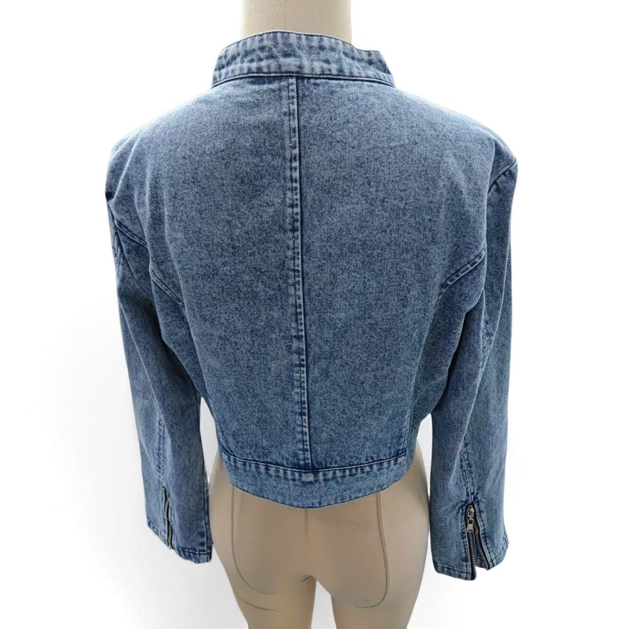 Cross-border European and American fashion design sense denim jacket for women, short denim jacket with zipper pic 5