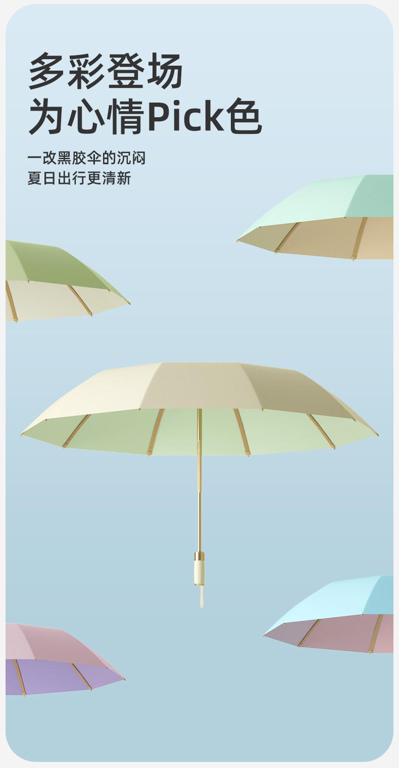 23-inch golden umbrella frame, three-fold fully automatic umbrella for women, macaron-colored umbrella, color glue layer, sun protection and shade umbrella pic 3