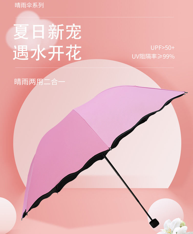 伞折叠遇水开花雨伞防晒遮阳伞晴雨两用三折伞黑胶太阳伞防紫外线详情2