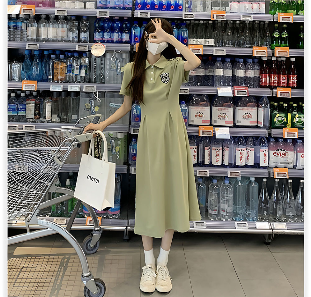 夏季POLO领短袖连衣裙女收腰显瘦过膝长裙学院风中长款休闲A字裙详情5