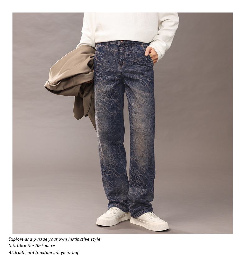 Trendy wavy straight-leg jeans for men, high street washed slightly loose long pants for men 2025 pic 4
