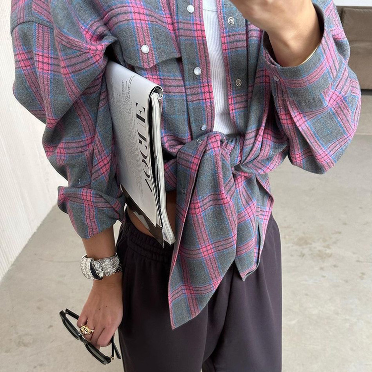 亚马逊跨境复古风百搭翻领宽松衬衣2024春秋格纹长袖口袋女式衬衫详情11