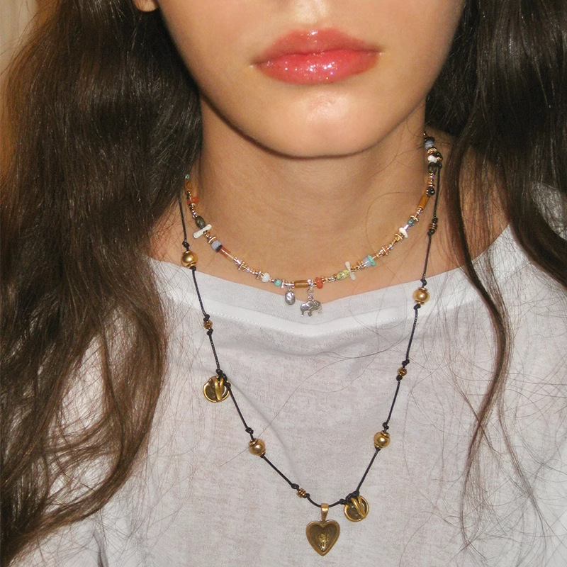 天然石混石小象项链女小众时尚高级感彩色串珠银色大象吊坠锁骨链详情3