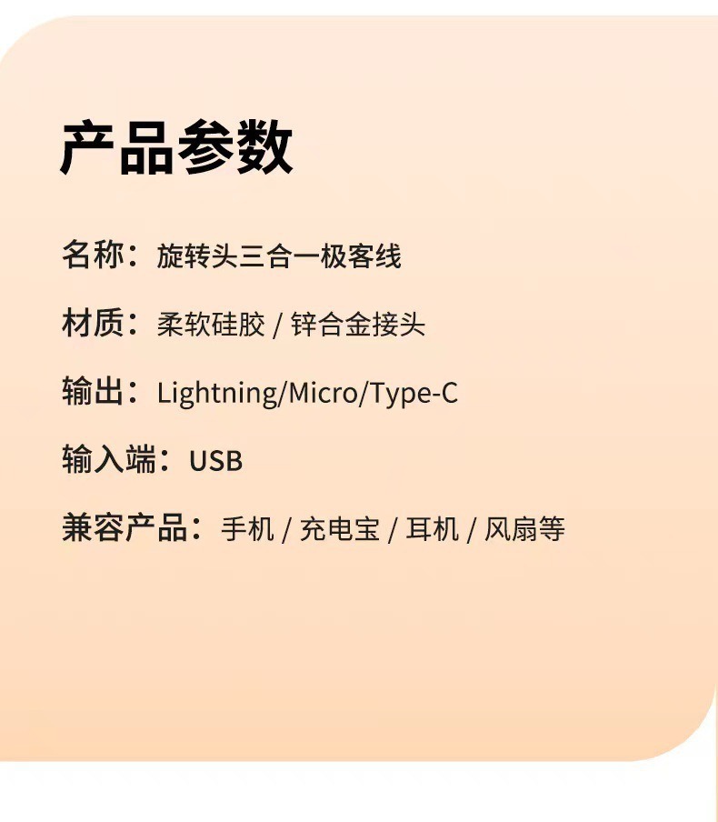 旋转数据线一拖三120W锌合金超级快充机客三合一数据线Type-c快充详情2