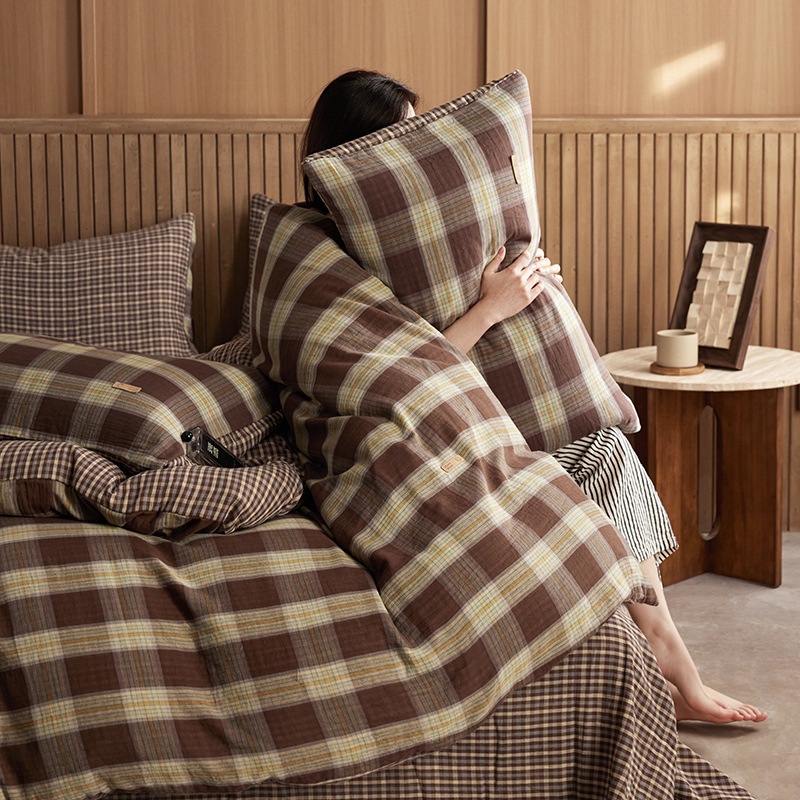 All-cotton Class A double-layer yarn four-piece set, double-layer yarn quilt cover and bed sheet four-piece set, pure cotton double-layer yarn checkered four-piece set pic 27