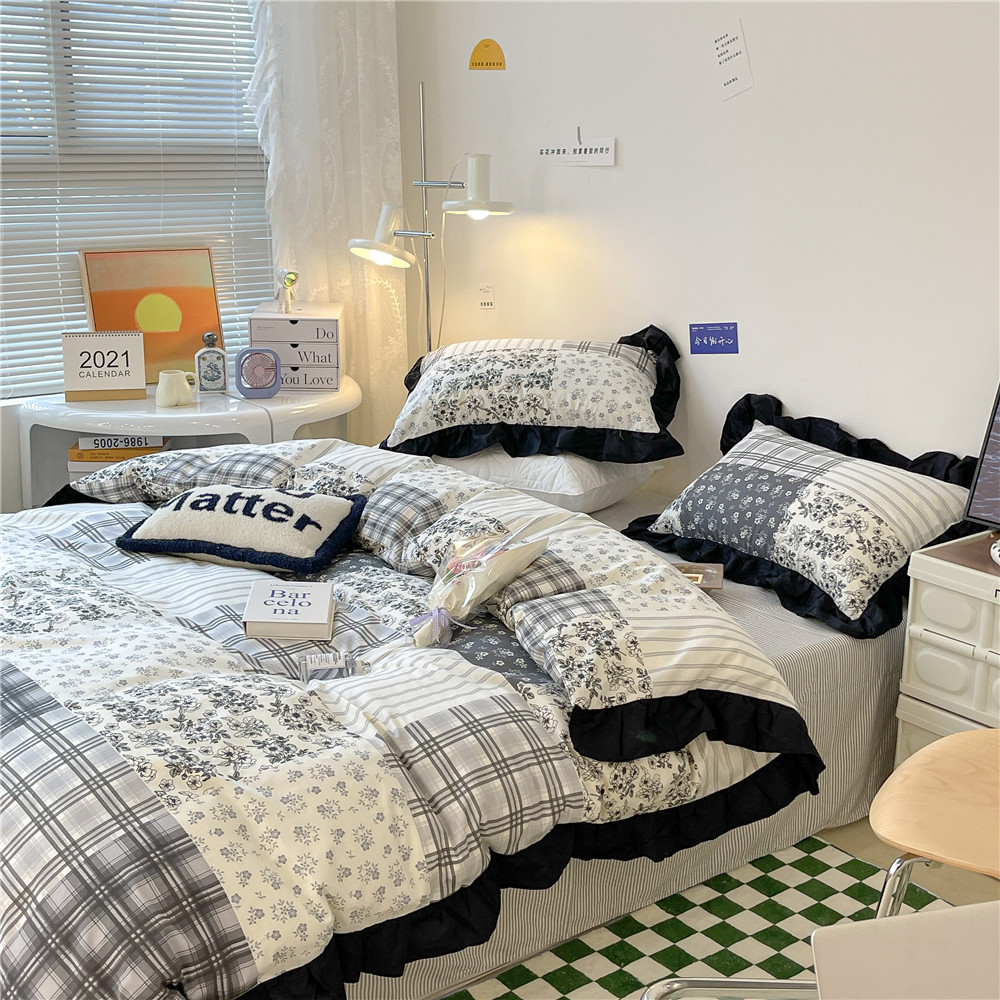 French Hepburn style pure cotton four-piece set, high-end feel, pure cotton black and white sketch flower duvet cover, all-cotton edge bedding pic 27