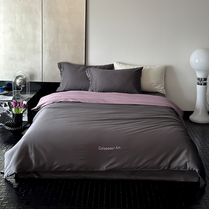 Simple, light luxury and fashionable solid-color long-staple cotton four-piece set, pure cotton letter-embroidered duvet cover, double bedding pic 115