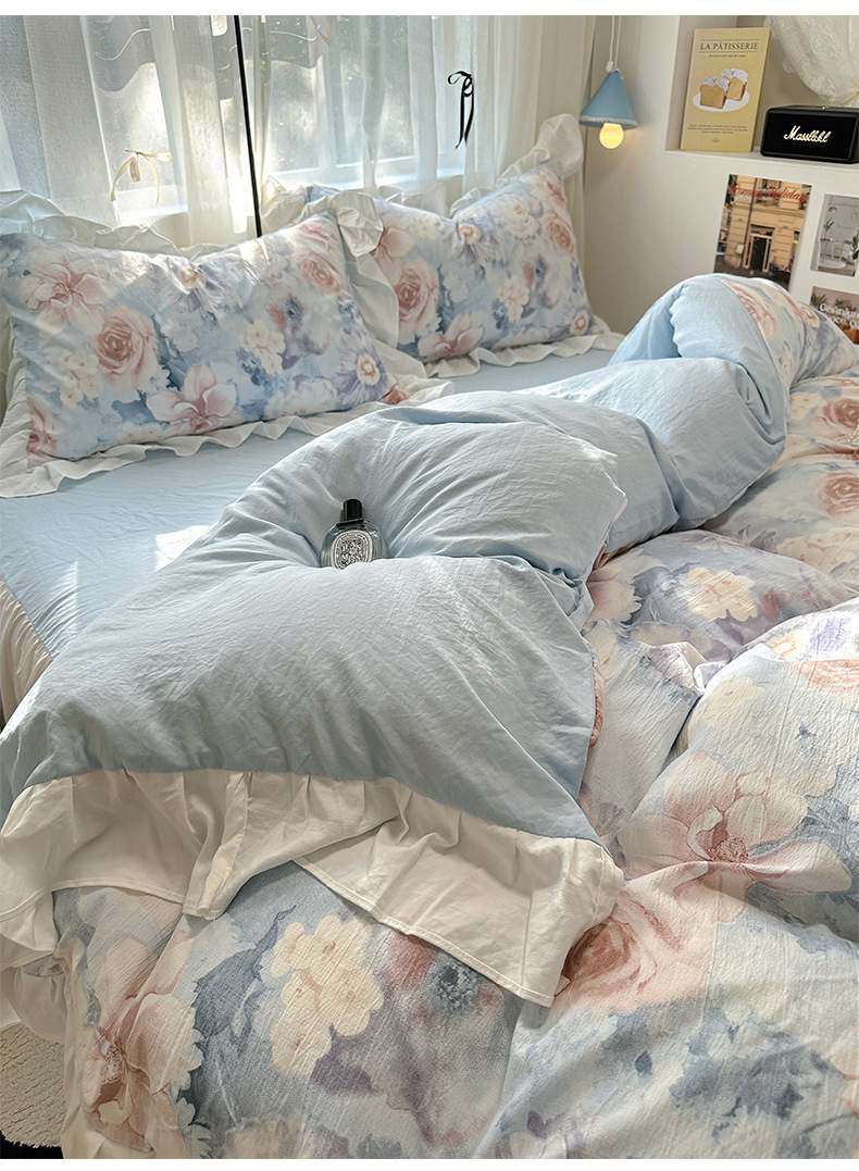 French romantic princess-style lace washed cotton four-piece set, small floral skin-friendly quilt cover, dormitory three-piece set, bed skirt style pic 34