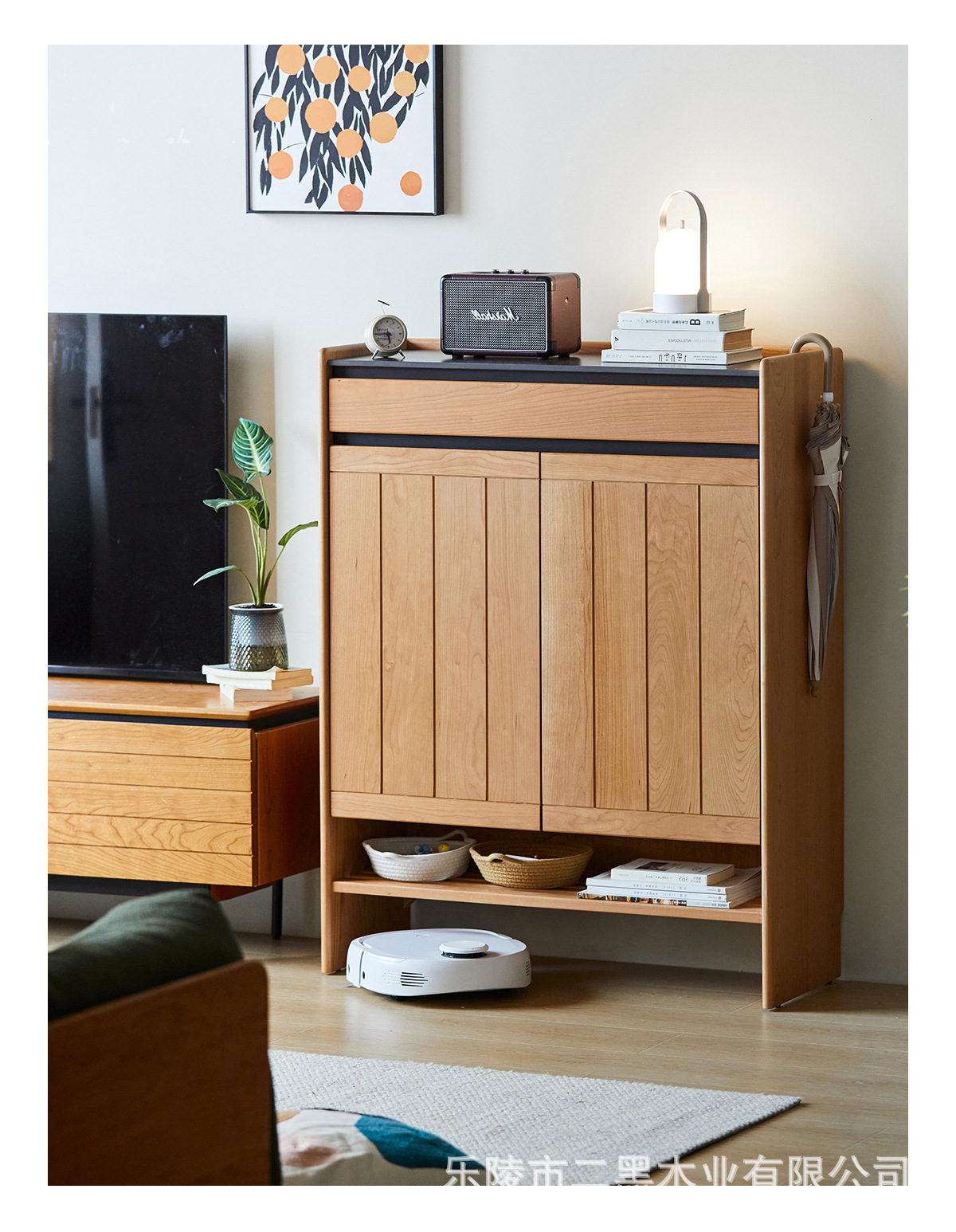 二黑木业实木鞋柜门口超薄置物柜岩板日式樱桃木入户大容量玄关柜详情33