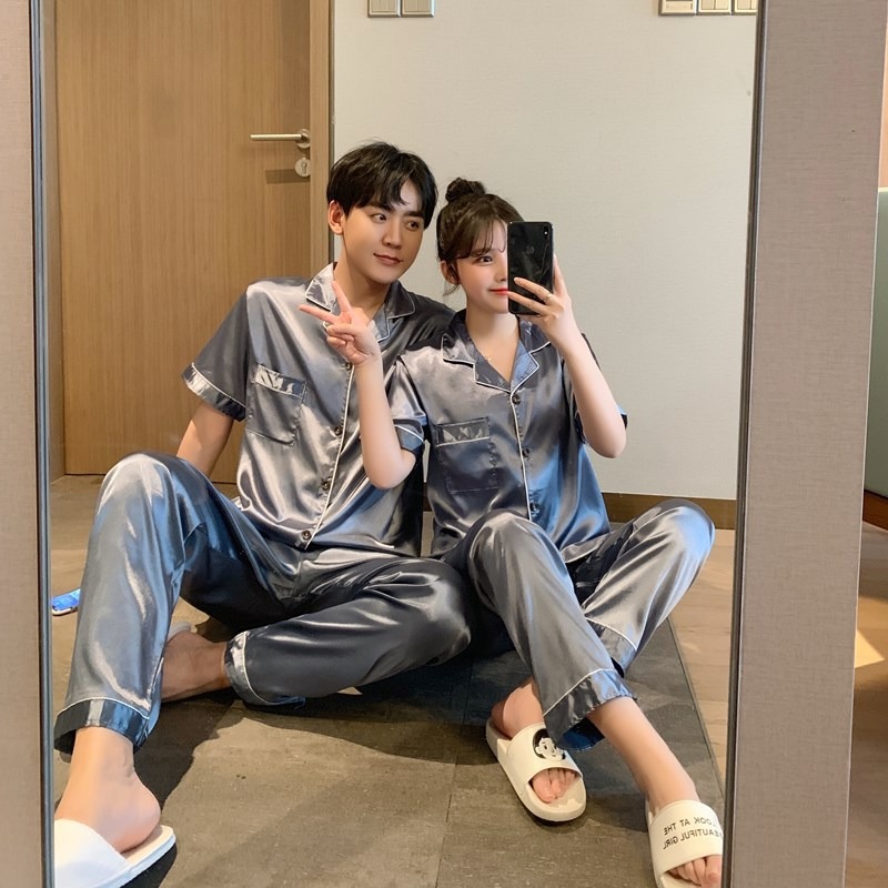 A wholesale set of short-sleeved couple pajamas for spring and autumn, featuring solid ice silk color faux silk for both men and women, can be worn as outerwear for home wear pic 8