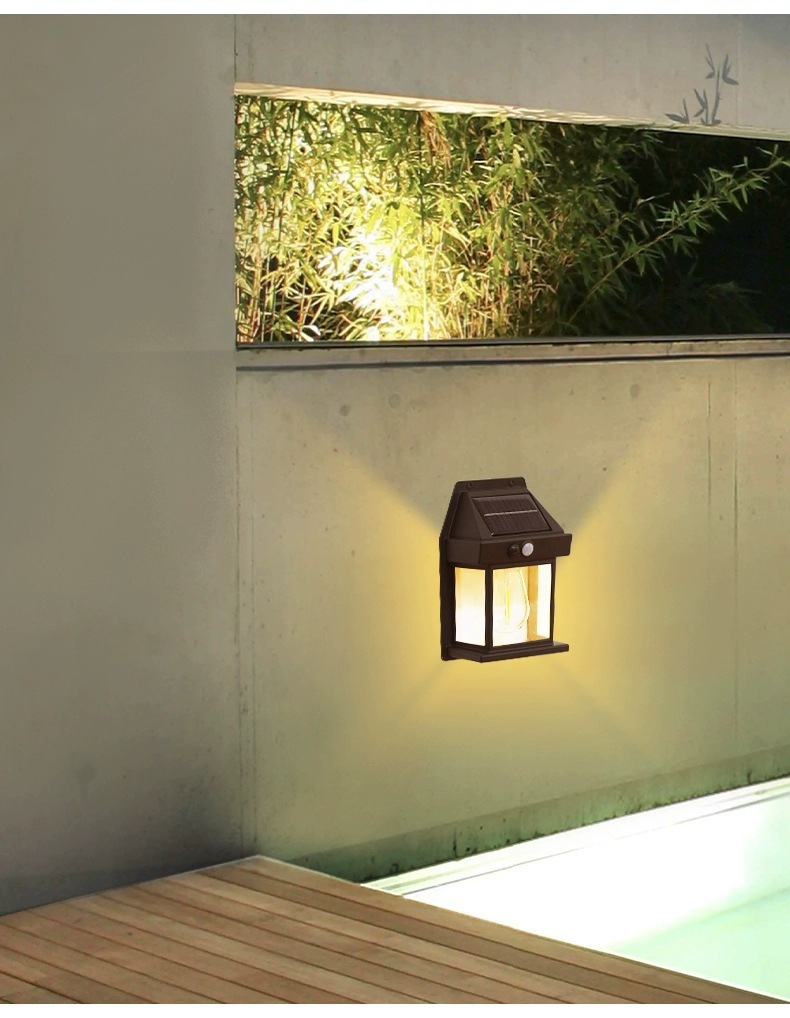 Solar-powered outdoor wall lamp, human-sensing three-mode tungsten filament wall lamp, garden villa courtyard night light, rainproof pic 10