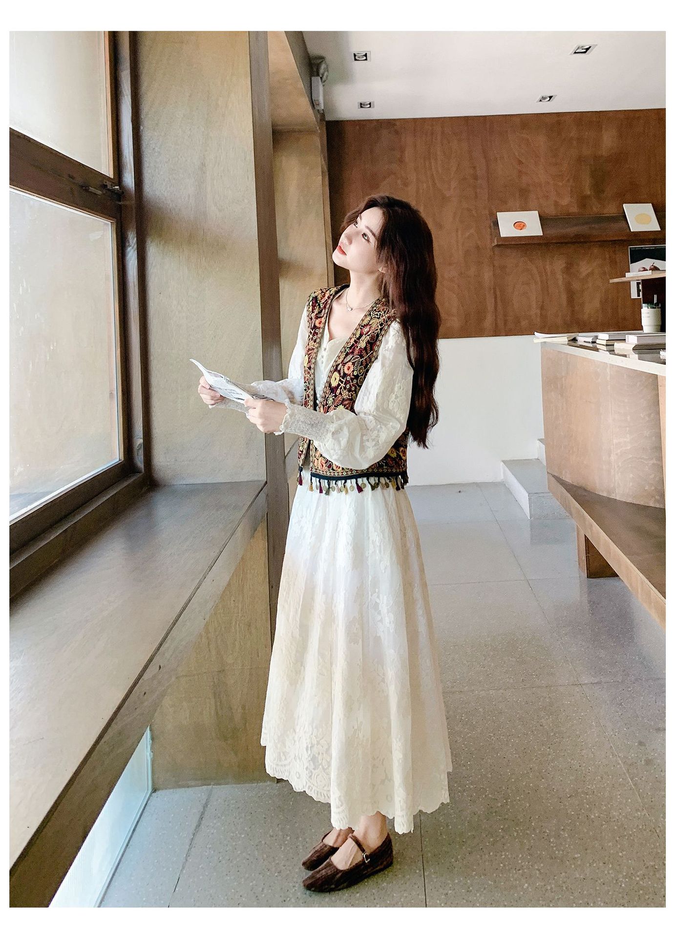 Real shot Bohemian fringed vest jacquard long dress two-piece set 2025 autumn collection lace patchwork V-neck dress pic 28