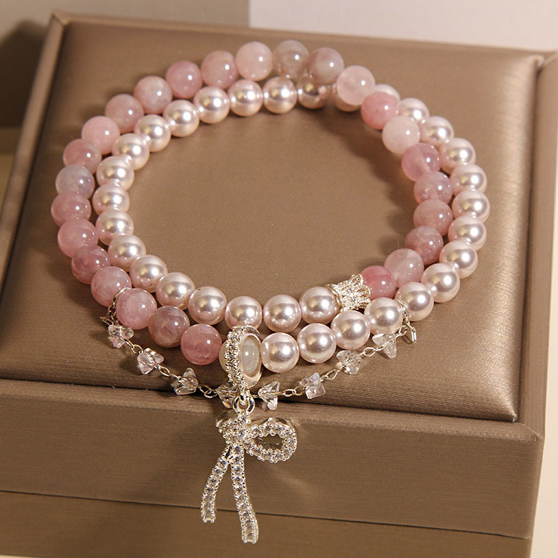 New Chinese-style pearl bow double-loop bracelet for women, light luxury, niche, exquisite and high-end pink crystal bracelet for best friend pic 5