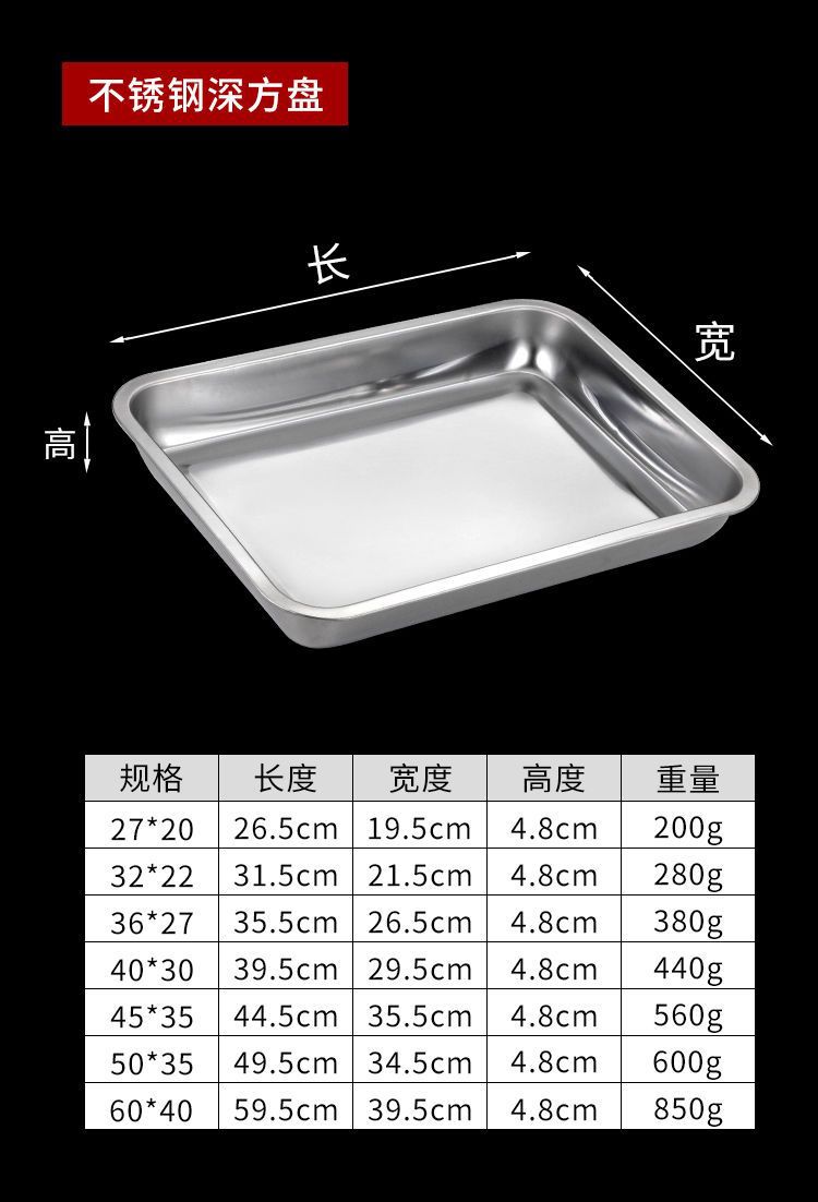 不锈钢方盘托盘商用食堂餐厅蒸饭盘大容量烤鱼盘多规格长方形餐盘详情8