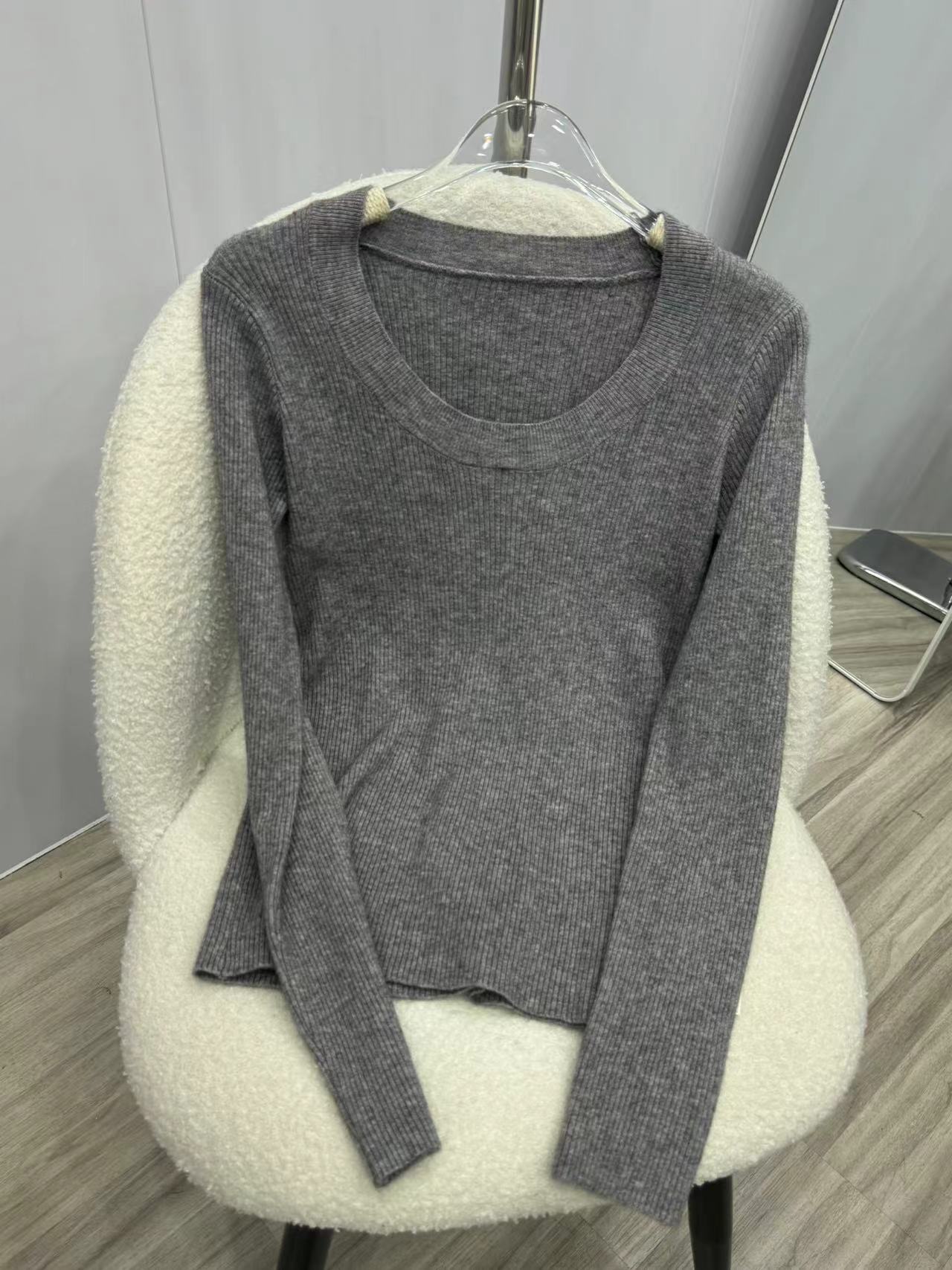 U领针织衫女韩国东大门露锁骨修身纯色安迪绒打底衫安迪绒长袖衫详情17