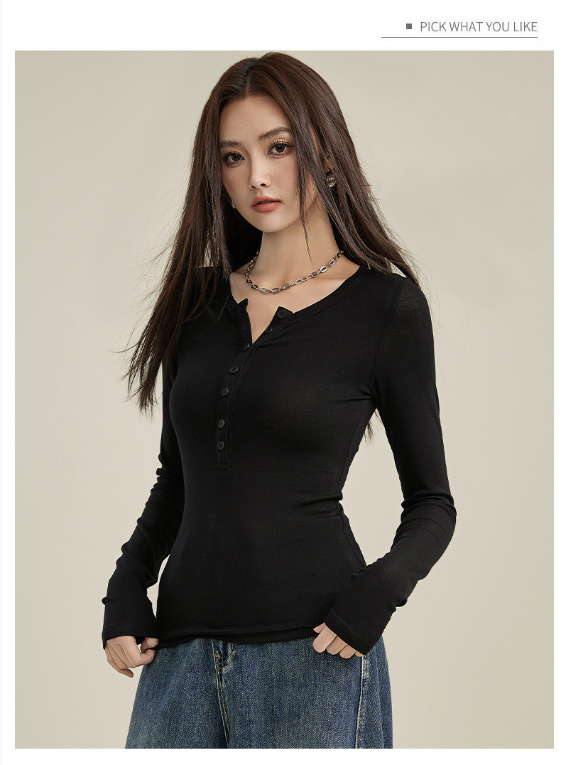 辣妹羊毛潮牌亨利衫修身长袖t恤女2025春季新款紧身上衣打底内搭详情23