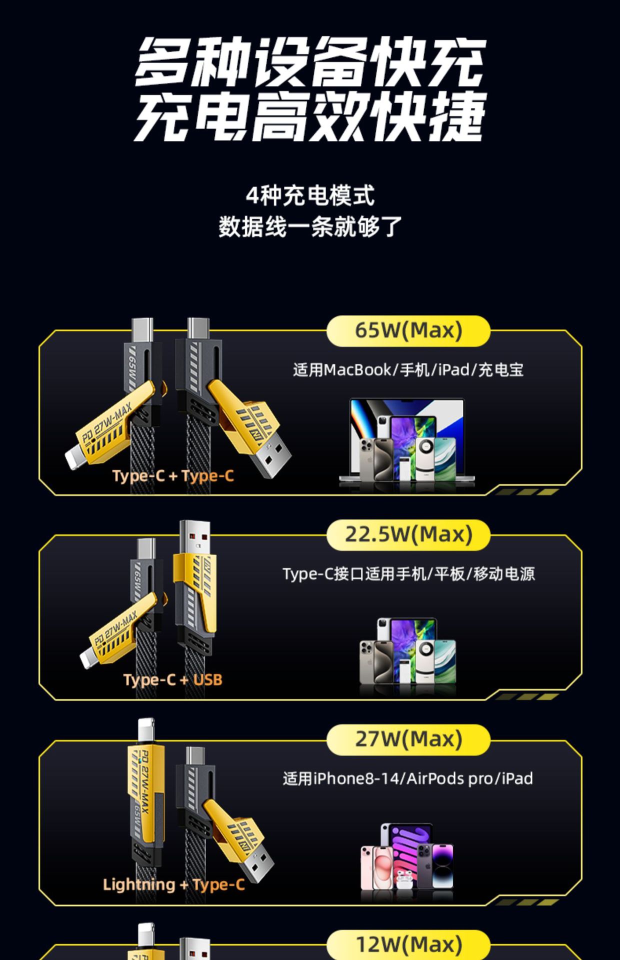 65W四合一快充数据线适用华为苹果15PD27W多功能闪充二拖二充电线详情21