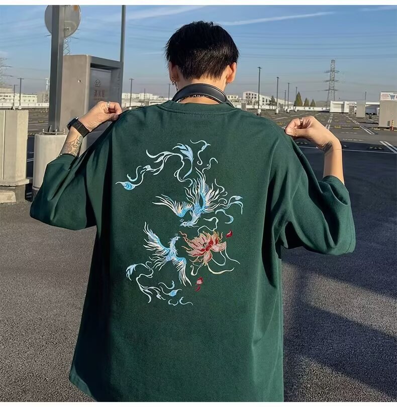 国潮中国风衣服白色纯棉短袖t恤男宽松大码凤凰潮牌重磅半袖夏季详情41