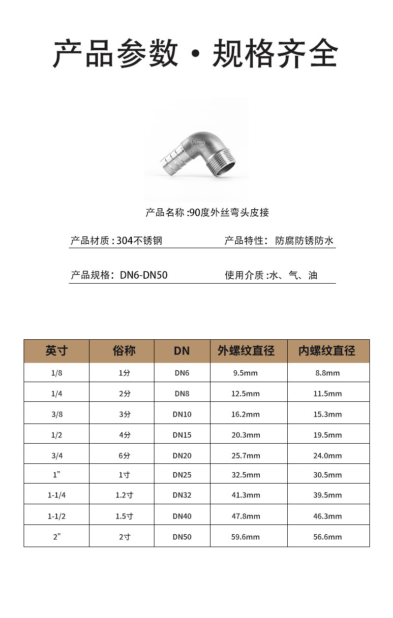 304不锈钢宝塔接头外丝弯头皮接直角外螺纹软管竹节格林直角弯头详情4