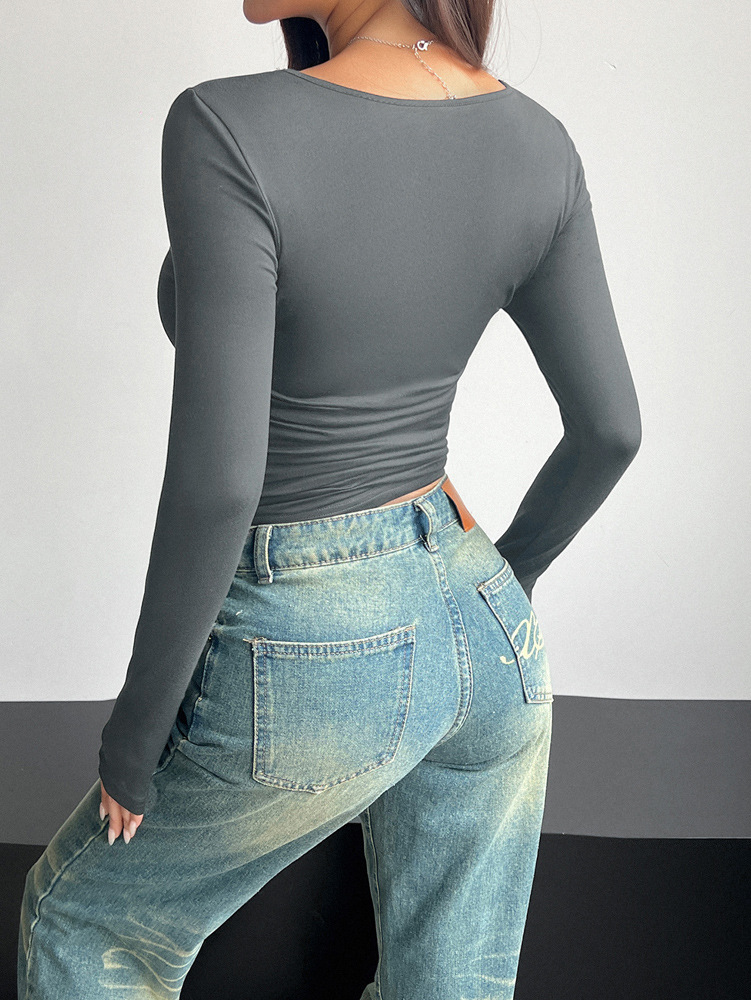 Diyun Cross-border European and American 2024 Spring/Summer Y2K new square-neck long-sleeved pullovers tight casual fashion top for women pic 28