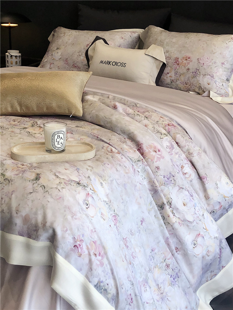 Cool ultra-fine denier Tencel summer light and cool condensation filament four-piece set, elegant printed sweat-absorbing nude bedding pic 34