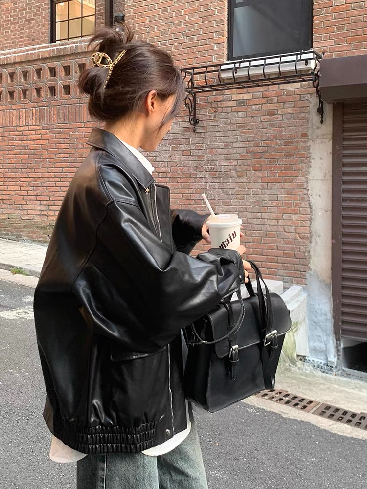 复古棕色皮衣女短款2024春秋季小个子韩版宽松皮夹克帅气机车外套详情8