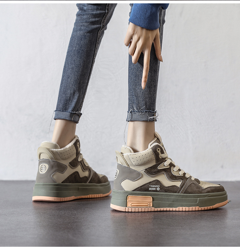 真皮高帮鞋女秋冬厚底拼色板鞋2025新款加绒休闲ins风运动鞋子女详情7