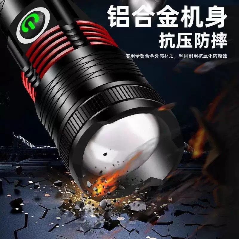 跨境户外强光手电筒铝合金探照TYPE-C充电伸缩变焦应急防水手电详情6