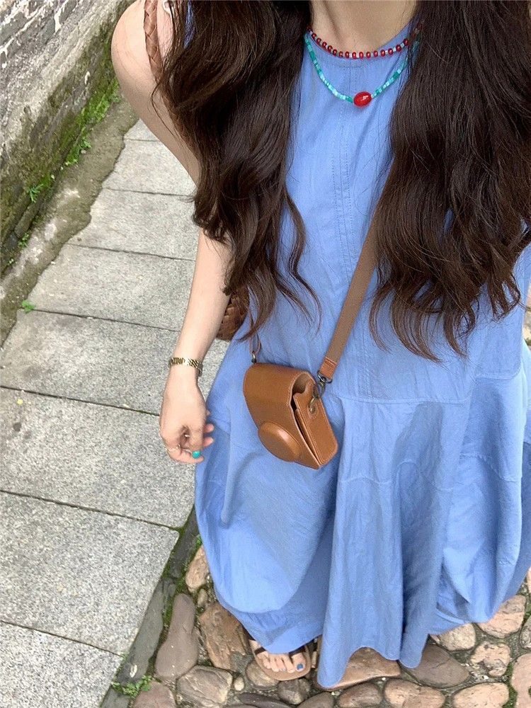 法式度假风气质蓝色背心连衣裙女夏季新款设计感收腰显瘦a字长裙详情6