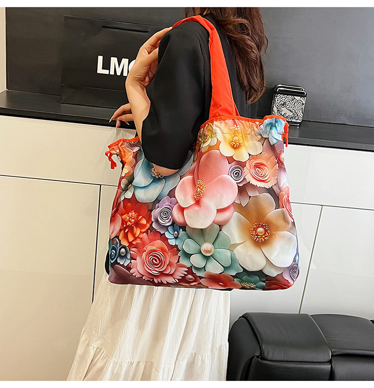 大容量花朵印花单肩包防水购物袋尼龙外出托特包时尚复古手提包详情13