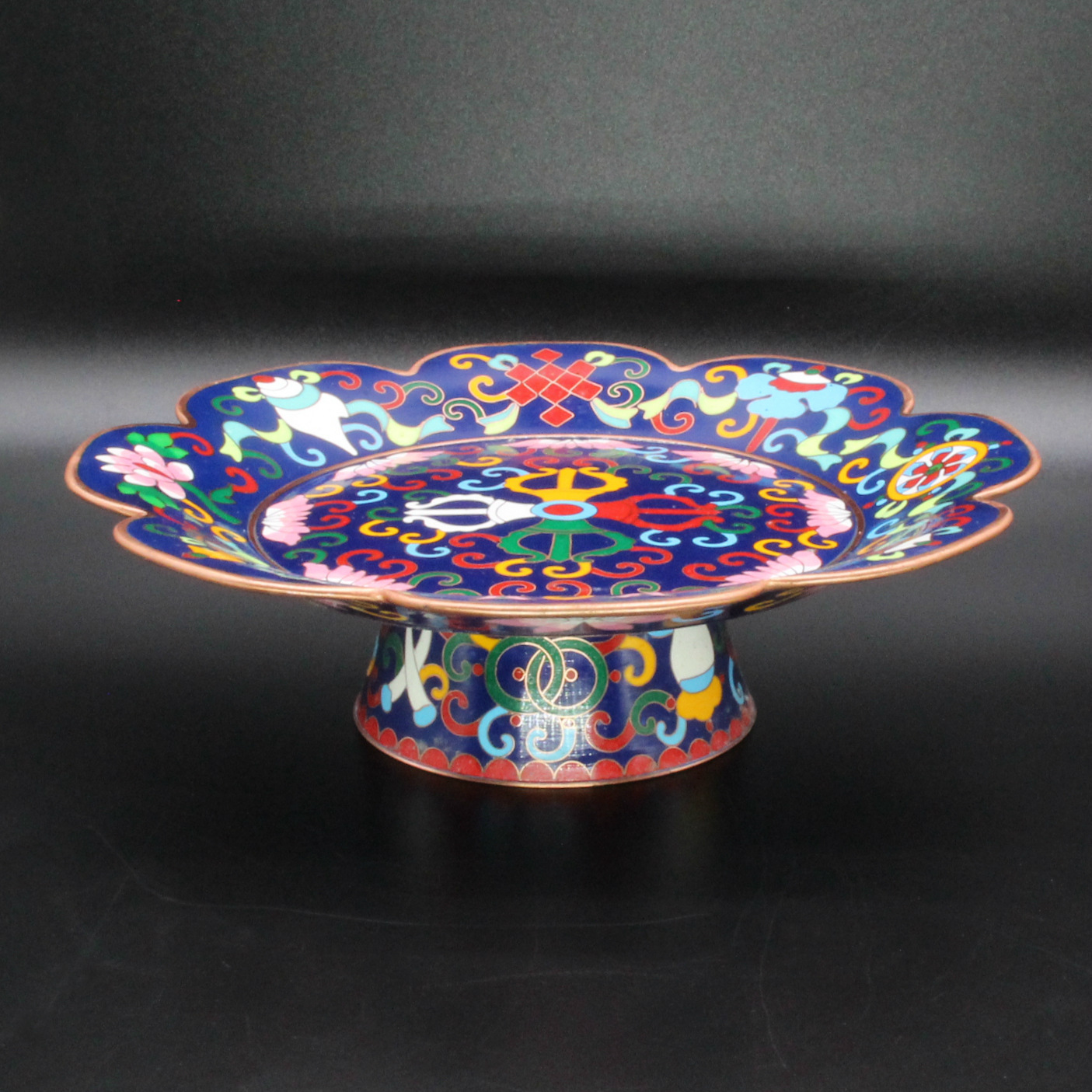 Jingtai blue manza, Buddhist offering utensils and ritual implements, plain copper filigree, low-temperature enamel manda plate, Mancha Luo belt tray pic 15
