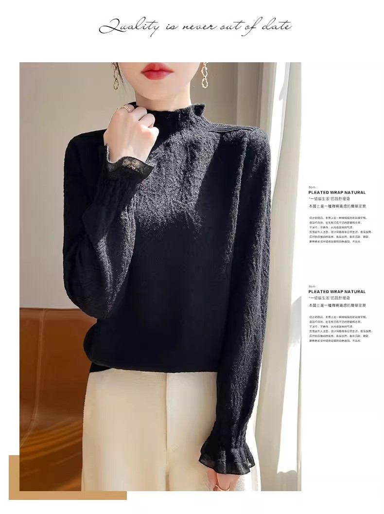 The 2025 autumn/winter new style lace and black ear-trimmed semi-high neck base layer for women is super stylish. Pair it with an A9325 sweater pic 22
